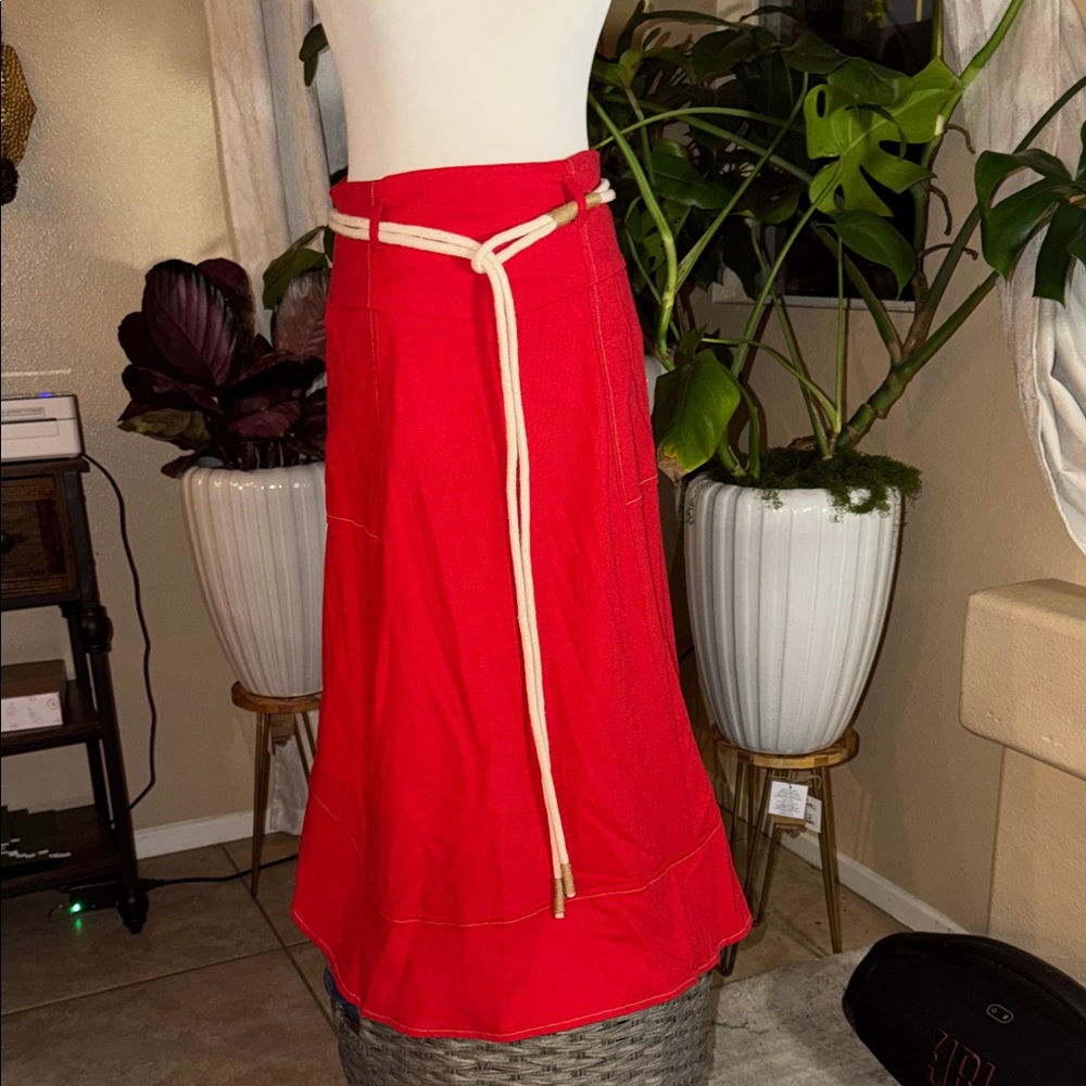 Bright Red A-Line Skirt with Rope Tie